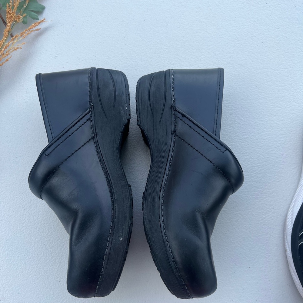 Dansko Black Leather Mules with Chunky Heel